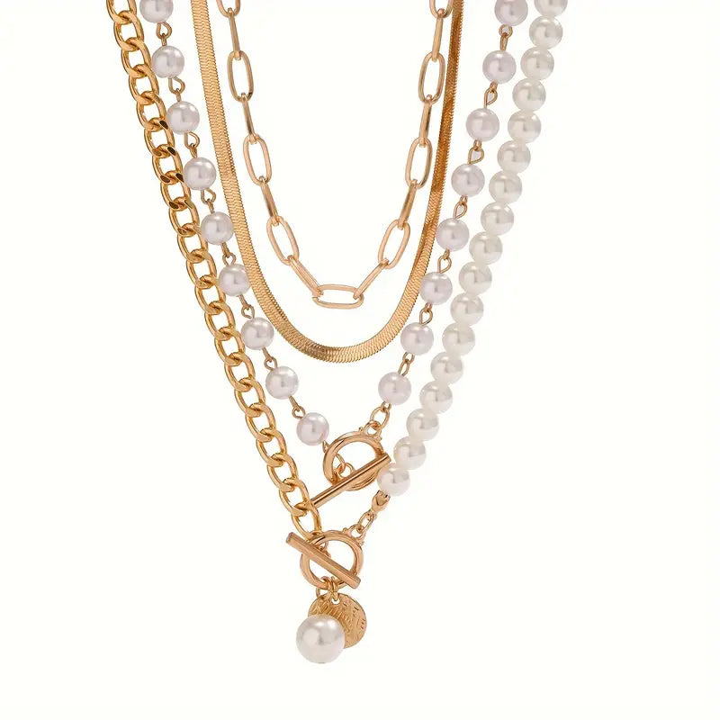 Anya Vintage necklace set with pearl and snake chain | Gold