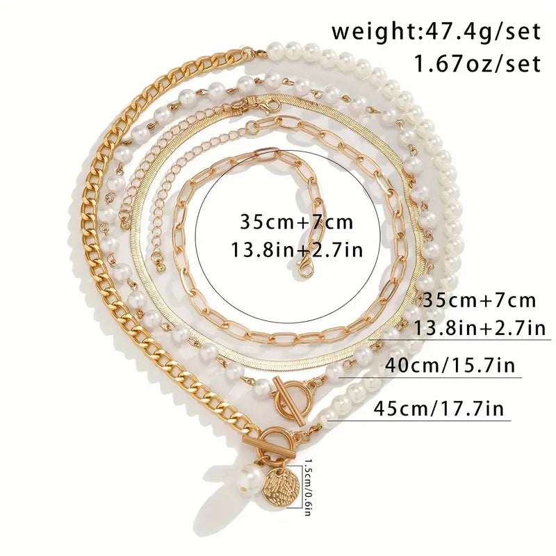 Anya Vintage necklace set with pearl and snake chain | Gold