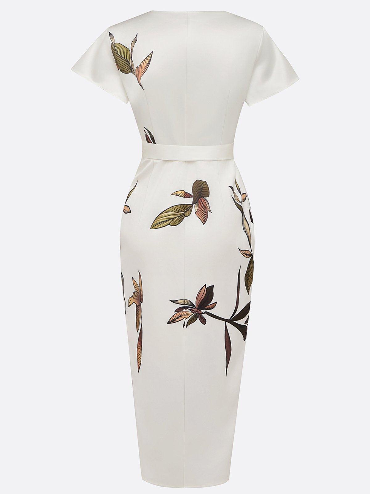 Charlotte I Midi bodycon dress in satin with short sleeves and white leaf pattern