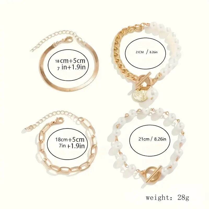 Amie Set of 4 Chic Gold Bracelets – Snake, Pearls, and Links | Gold