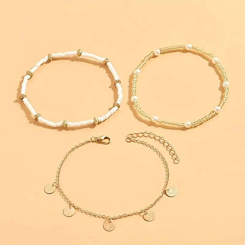 Sera Set of 3 Layered Anklets Coastal Charm | Gold