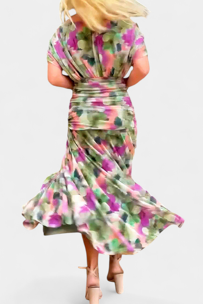 Vasilisa Long Dress with Fantasy Floral Print and V-Neck