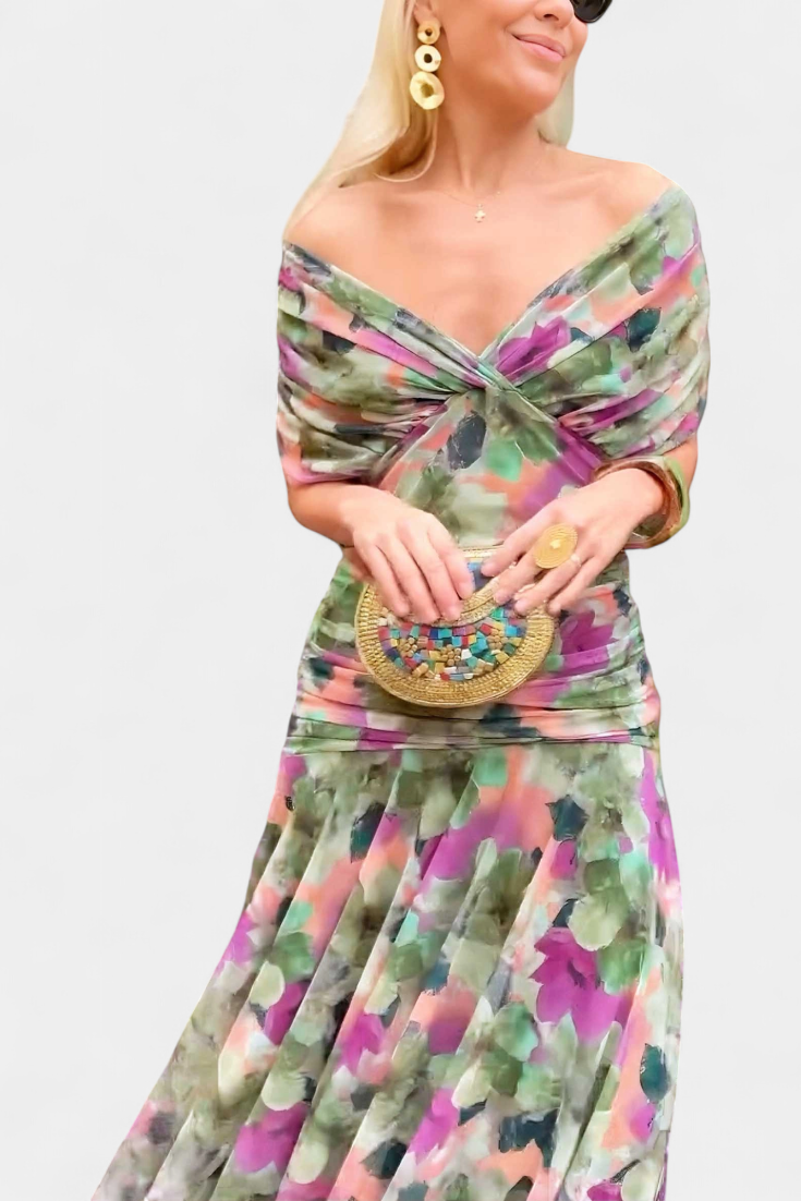 Vasilisa Long Dress with Fantasy Floral Print and V-Neck