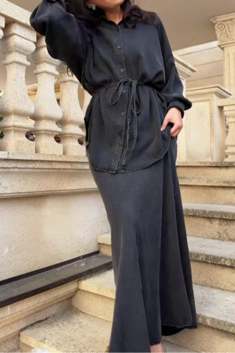 Aizeah | Long-sleeved Tie-Drawstring Shirt and Skirt Set