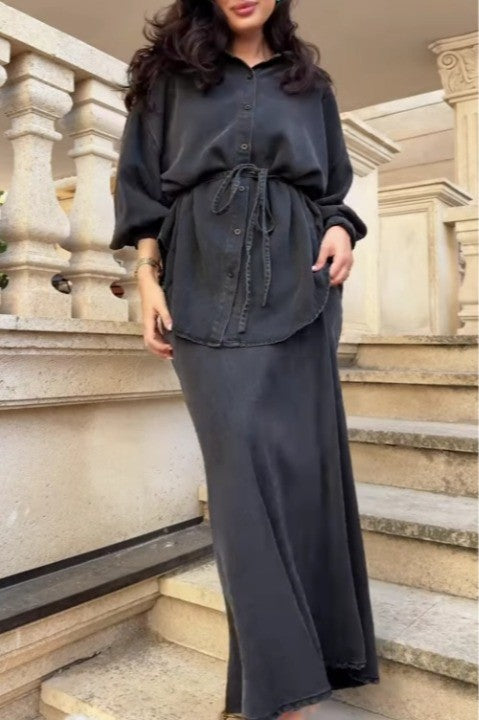 Aizeah | Long-sleeved Tie-Drawstring Shirt and Skirt Set