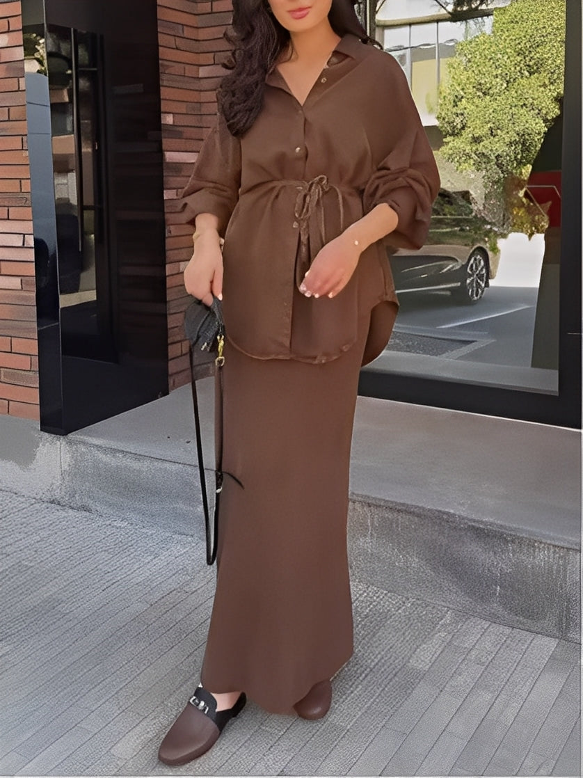 Aizeah | Long-sleeved Tie-Drawstring Shirt and Skirt Set
