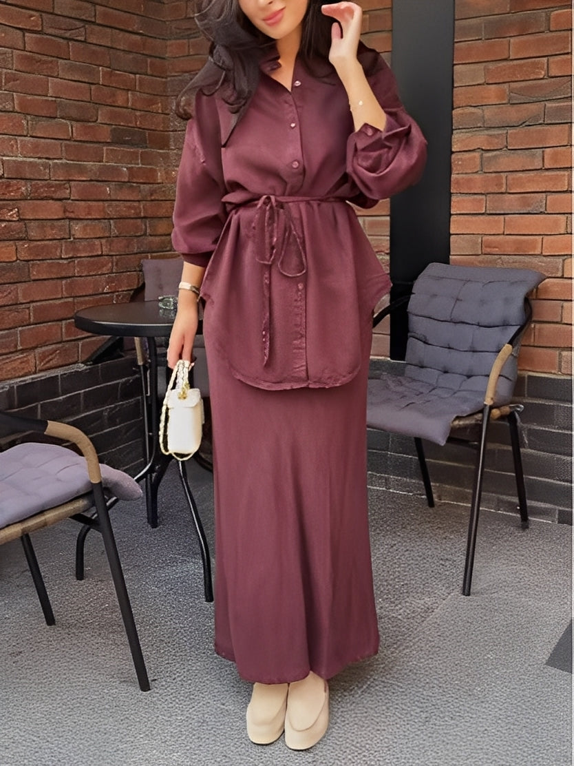 Aizeah | Long-sleeved Tie-Drawstring Shirt and Skirt Set
