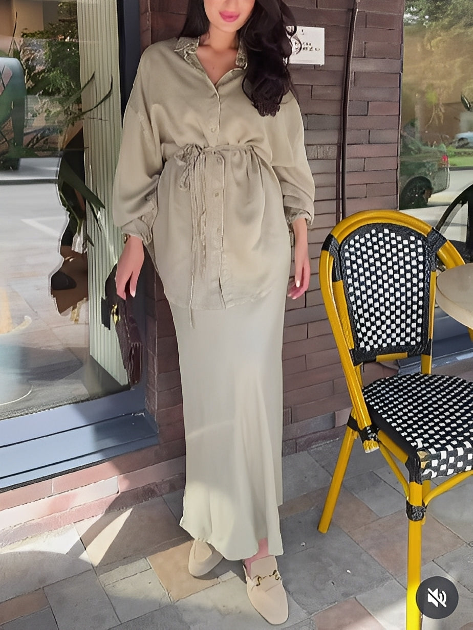 Aizeah | Long-sleeved Tie-Drawstring Shirt and Skirt Set