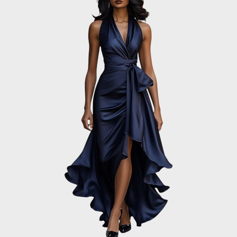 Seraphina | Elegant Midnight Satin Dress with Ankle Collar and Ruffles