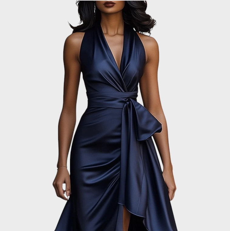 Seraphina | Elegant Midnight Satin Dress with Ankle Collar and Ruffles