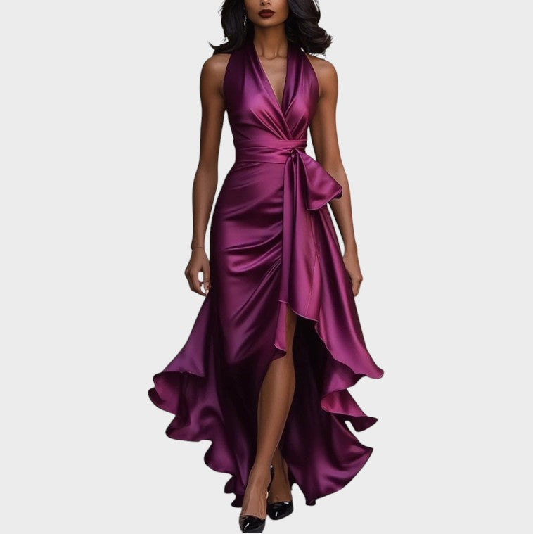 Seraphina | Elegant Midnight Satin Dress with Ankle Collar and Ruffles