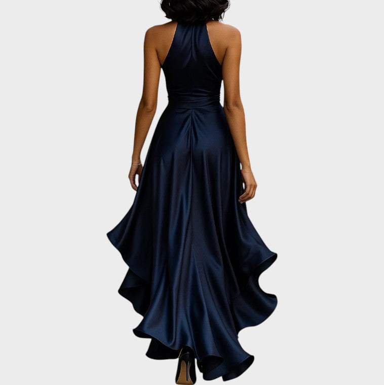 Seraphina | Elegant Midnight Satin Dress with Ankle Collar and Ruffles
