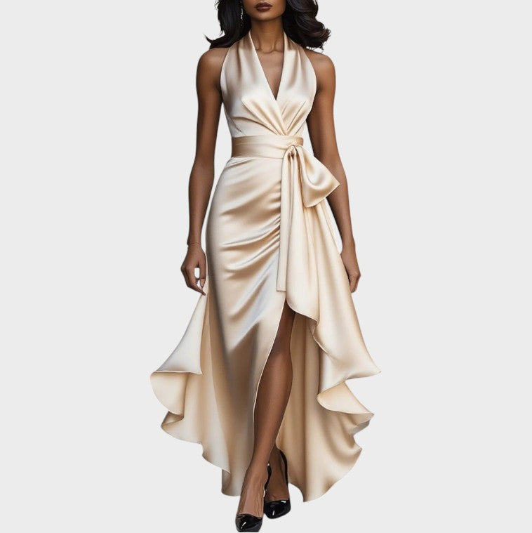 Seraphina | Elegant Midnight Satin Dress with Ankle Collar and Ruffles