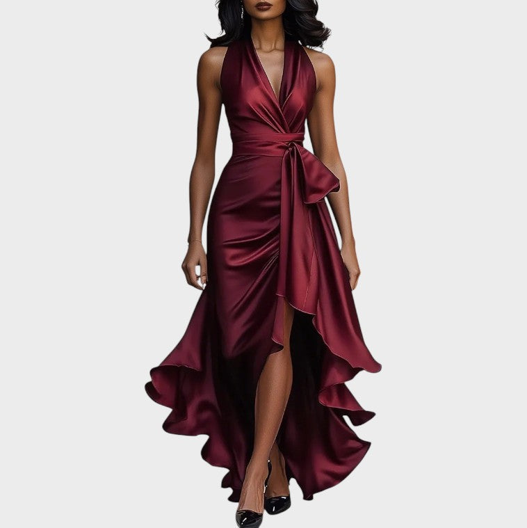 Seraphina | Elegant Midnight Satin Dress with Ankle Collar and Ruffles