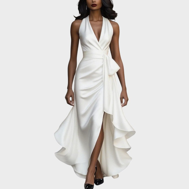 Seraphina | Elegant Midnight Satin Dress with Ankle Collar and Ruffles