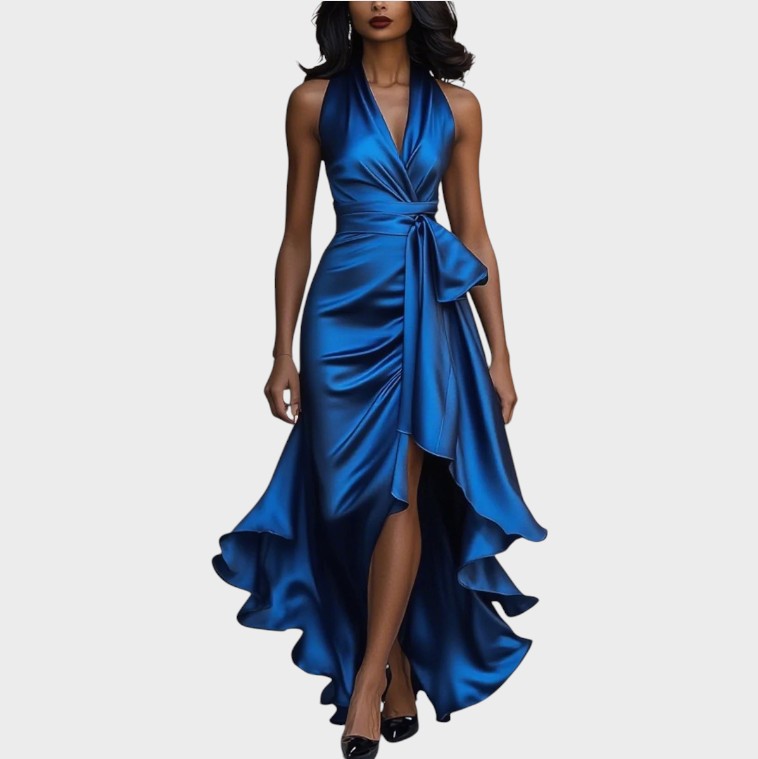 Seraphina | Elegant Midnight Satin Dress with Ankle Collar and Ruffles