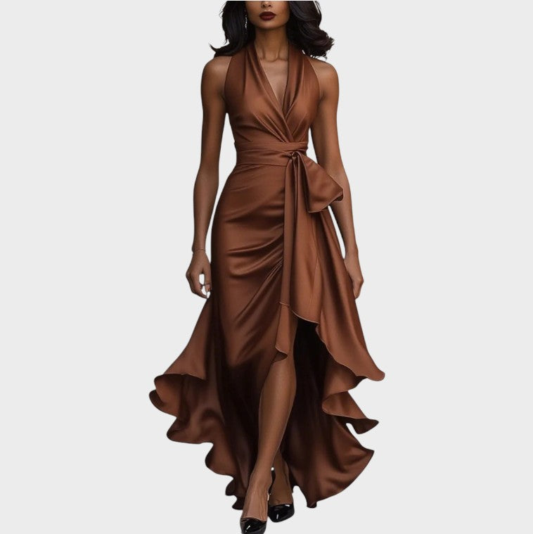 Seraphina | Elegant Midnight Satin Dress with Ankle Collar and Ruffles