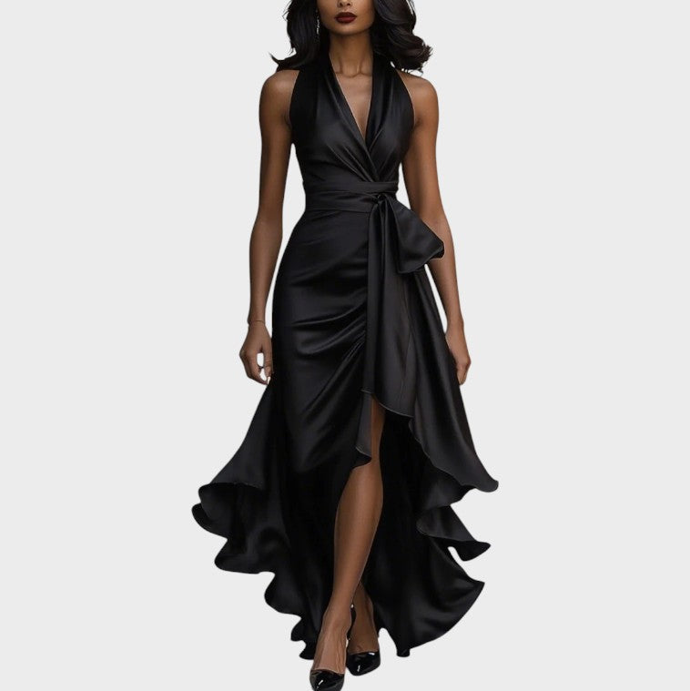 Seraphina | Elegant Midnight Satin Dress with Ankle Collar and Ruffles