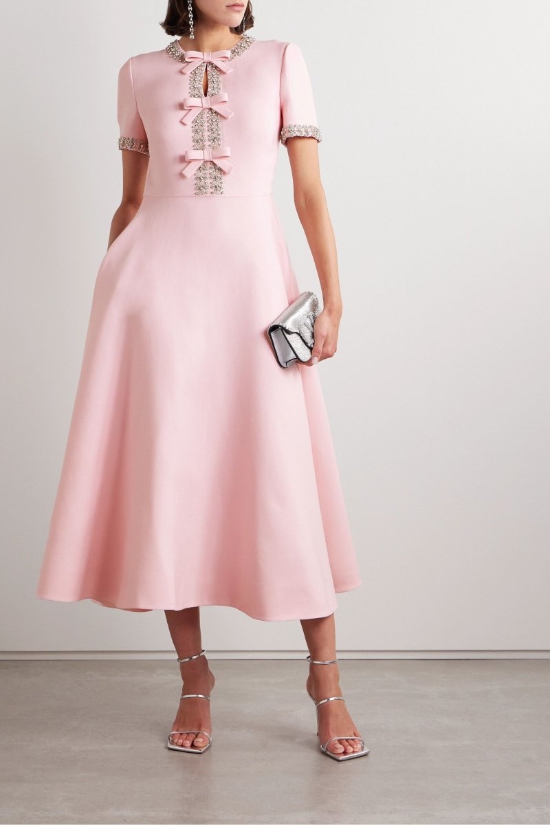 Jane Bowknot Pink Midi Dress Embellished with Crystals